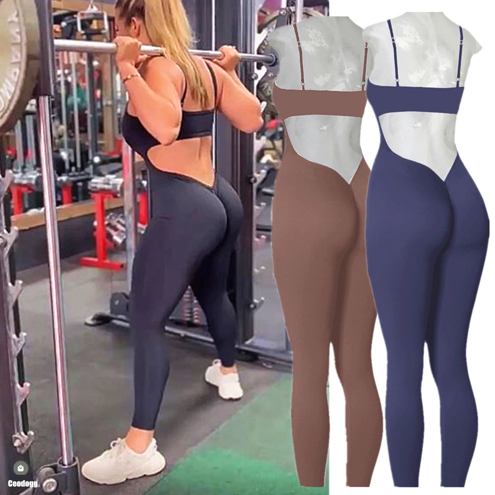 2024 Pad Training Fitness Yoga Sets Bodysuit One Piece Jumpsuit Back V Scrunch Workout Pant Leggings Female Romper Active Suits