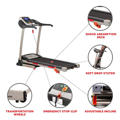 Sunny Health & Fitness Premium Folding Incline Treadmill with Pulse Sensors, One-Touch Speed Buttons, Shock Absorption