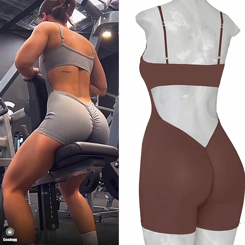 2024 Pad Training Fitness Yoga Sets Bodysuit One Piece Jumpsuit Back V Scrunch Workout Pant Leggings Female Romper Active Suits