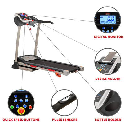 Sunny Health & Fitness Premium Folding Incline Treadmill with Pulse Sensors, One-Touch Speed Buttons, Shock Absorption