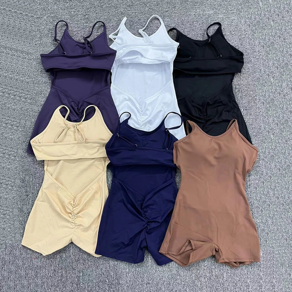 2024 Pad Training Fitness Yoga Sets Bodysuit One Piece Jumpsuit Back V Scrunch Workout Pant Leggings Female Romper Active Suits