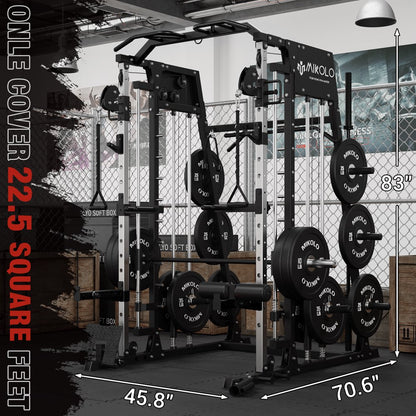 Smith Machine Home Gym, 2200 Lbs Power Rack Cage with Cable Crossover, Smith Cage with 800LB Capacity Adjustable Weight Bench and 230 Lbs Weight Plate, Total Body Strength Training Cage