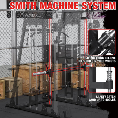 Smith Machine Home Gym, 2200 Lbs Power Rack Cage with Cable Crossover, Smith Cage with 800LB Capacity Adjustable Weight Bench and 230 Lbs Weight Plate, Total Body Strength Training Cage