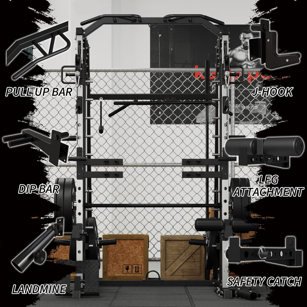 Smith Machine Home Gym, 2200 Lbs Power Rack Cage with Cable Crossover, Smith Cage with 800LB Capacity Adjustable Weight Bench and 230 Lbs Weight Plate, Total Body Strength Training Cage