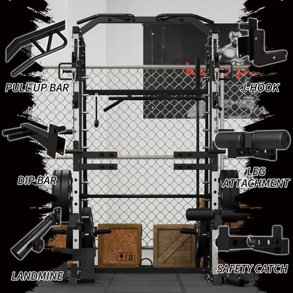 Smith Machine Home Gym, 2200 Lbs Power Rack Cage with Cable Crossover, Smith Cage with 800LB Capacity Adjustable Weight Bench and 230 Lbs Weight Plate, Total Body Strength Training Cage