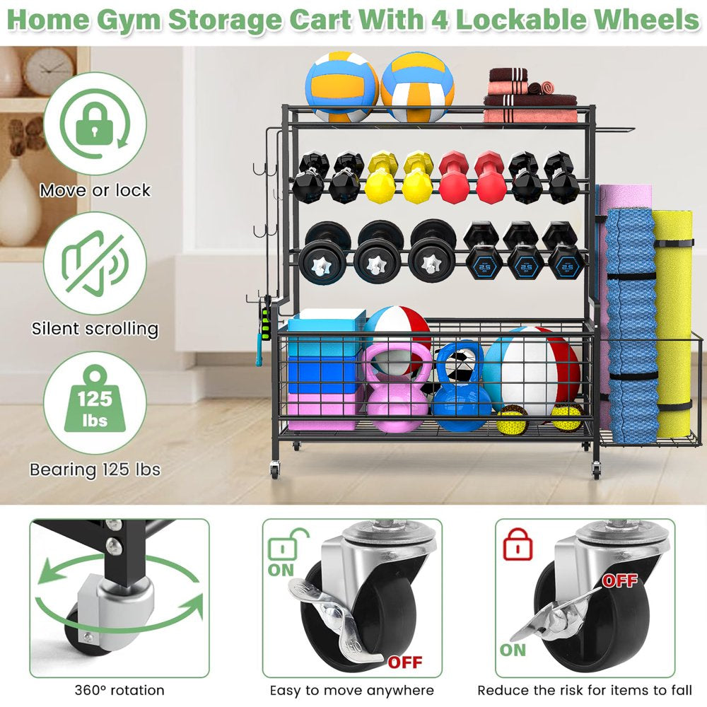 Dumbbell Rack, Weight Rack for Dumbbells, Home Gym Storage for Dumbbells Kettlebells Yoga Mat and Balls Workout Equipment Storage Organizer with Hooks and Wheels