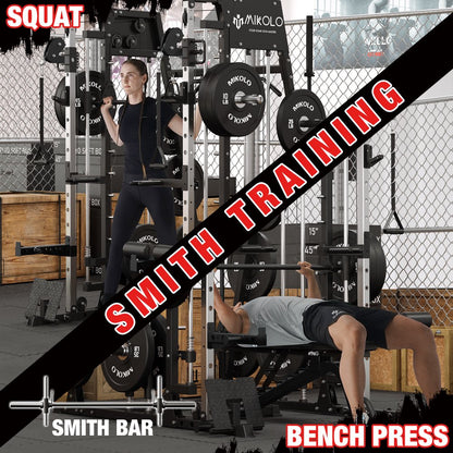 Smith Machine Home Gym, 2200 Lbs Power Rack Cage with Cable Crossover, Smith Cage with 800LB Capacity Adjustable Weight Bench and 230 Lbs Weight Plate, Total Body Strength Training Cage